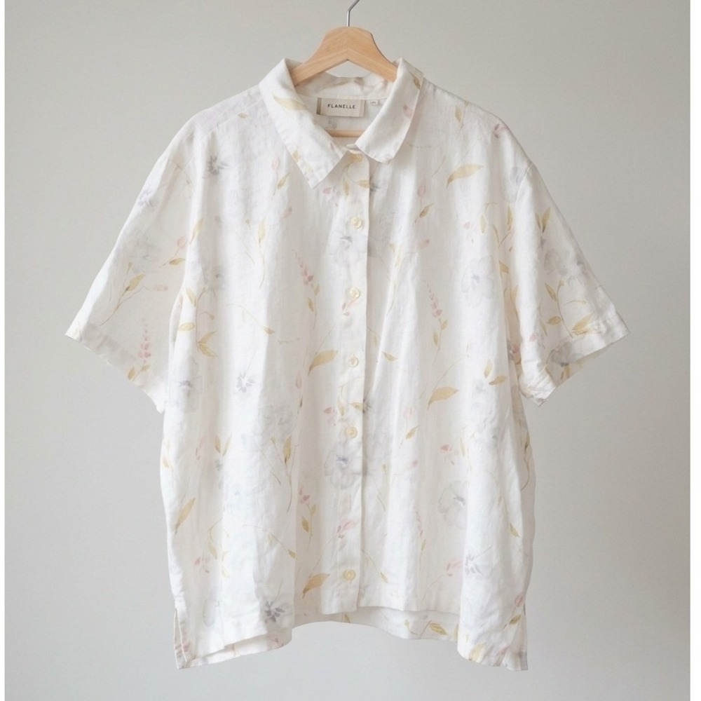Lemon Grass Women 4X Floral Linen Cotton Button Up Short Sleeve Shirt Cream